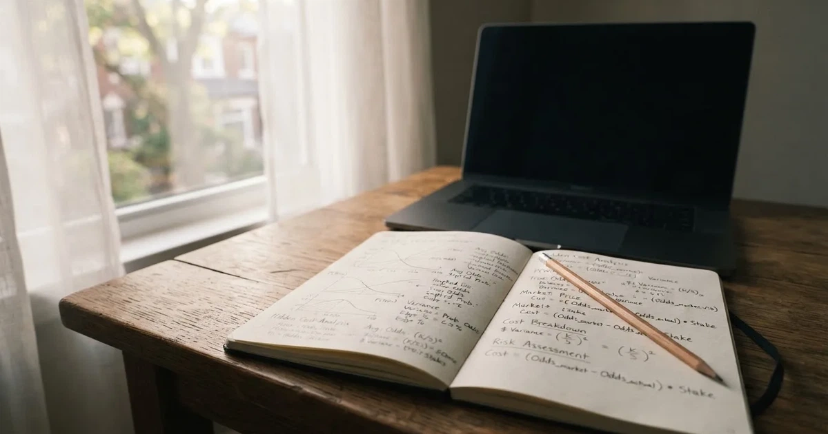 Ein Laptop-Bildschirm bleibt dunkel, davor ein Notizbuch mit handgezeichneten Kurven und ein Bleistift auf einem Schreibtisch am Fenster.