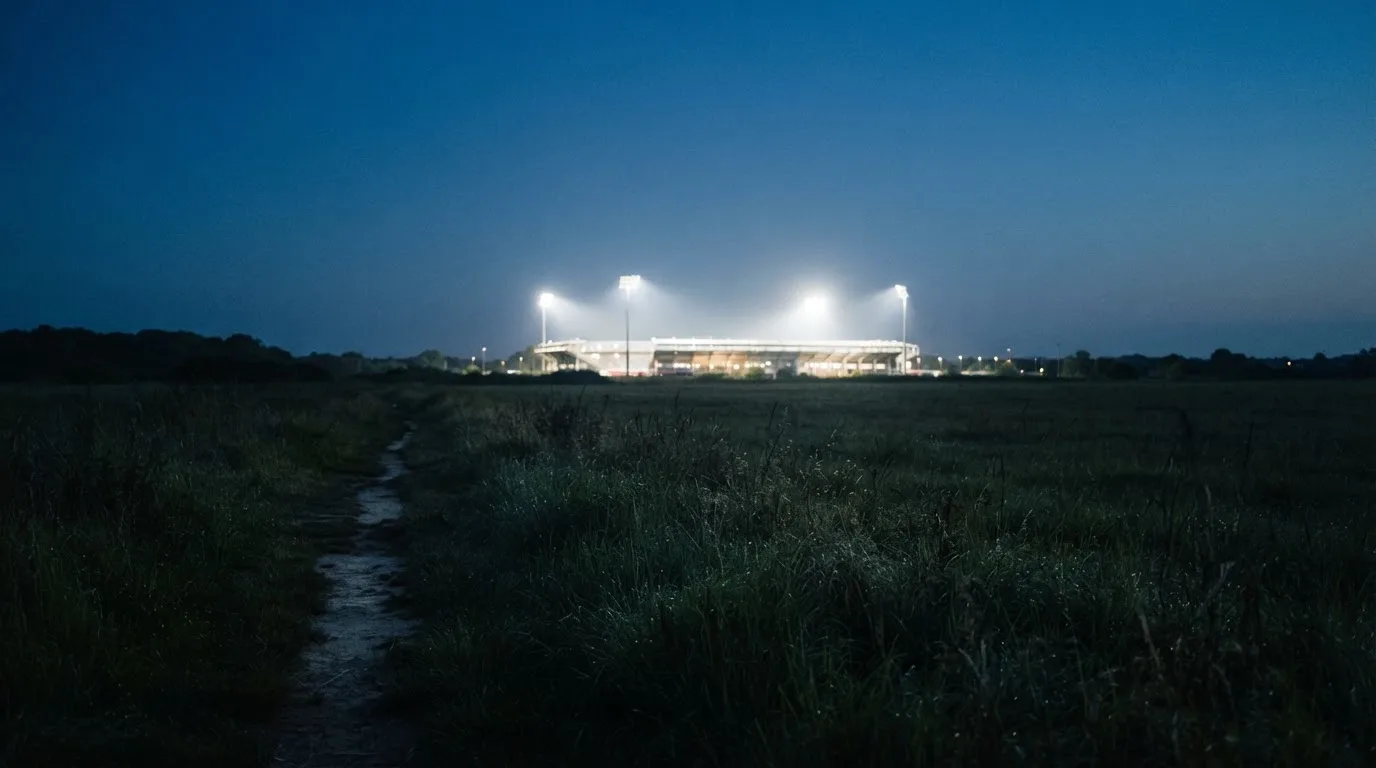 Ein Stadion unter Flutlicht von weitem gesehen, davor ein Feld und ein Feldweg im Dunkeln.